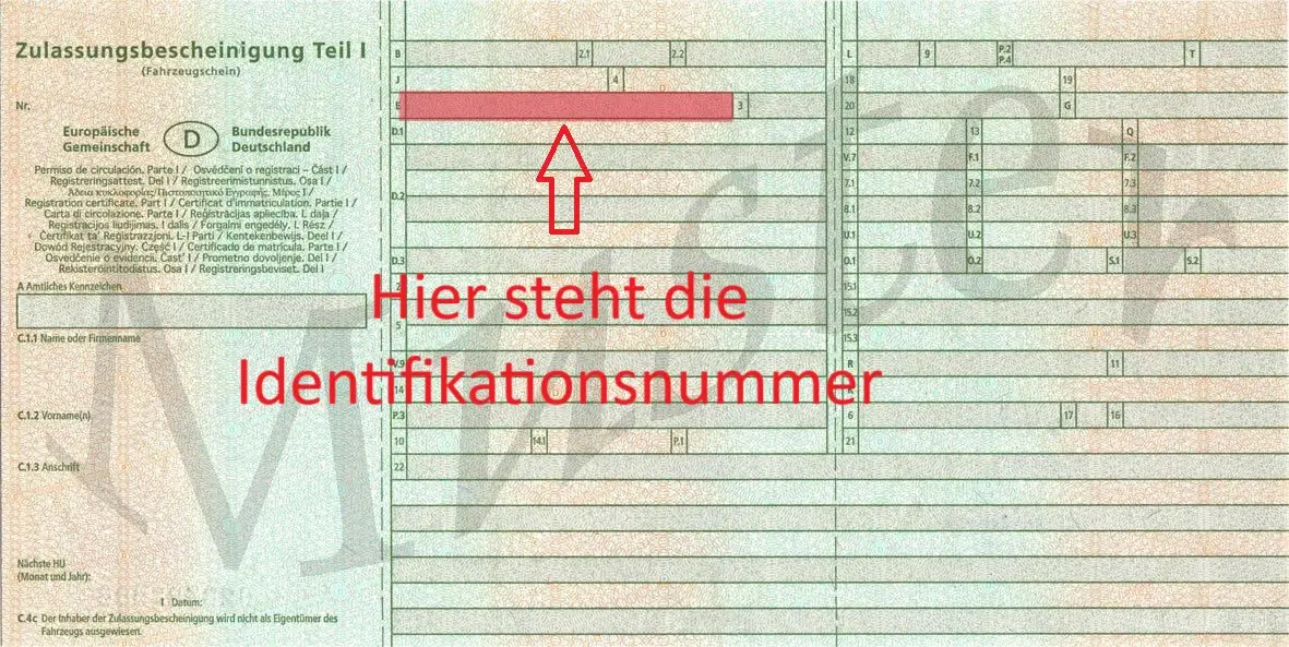 Hinweis Fahrzeug-Identifikationsnummer im Fahrzeugschein