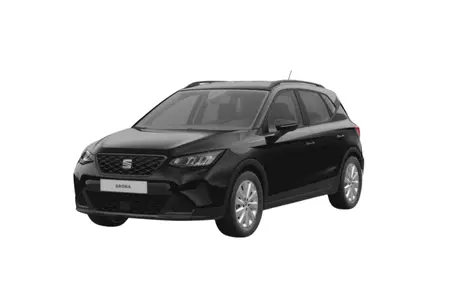 Frontansicht eines Seat Arona Road Edition in Midnight Schwarz Metallic auf weißem Hintergrund