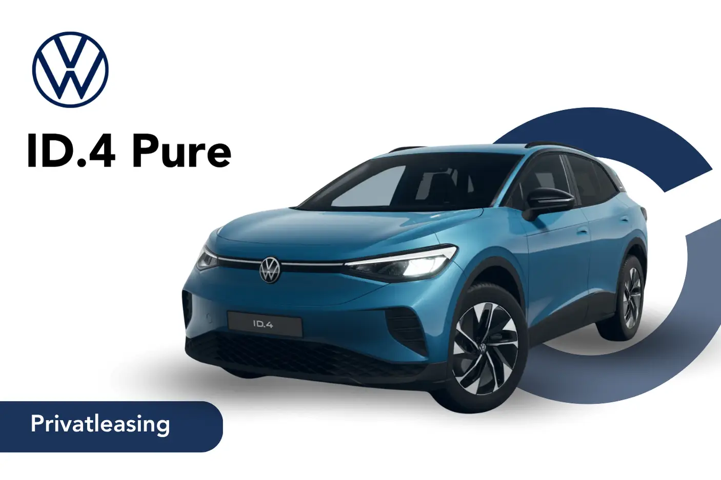 Das Bild zeigt den ID.4 Pure in der Farbe Costa Azul Metallic von vorne