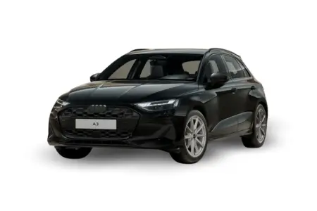 Frontansicht eines Audi A3 Sportback mit schwarzer Dachreling, Lackierung Mythosschwarz Metallic