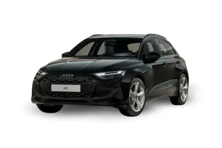 Frontansicht eines Audi A3 Sportback, freigestellt, Lackierung Mythosschwarz Metallic