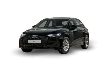 Frontansicht eines Audi A3 Sportback, freigestellt, Lackierung Brillantschwarz