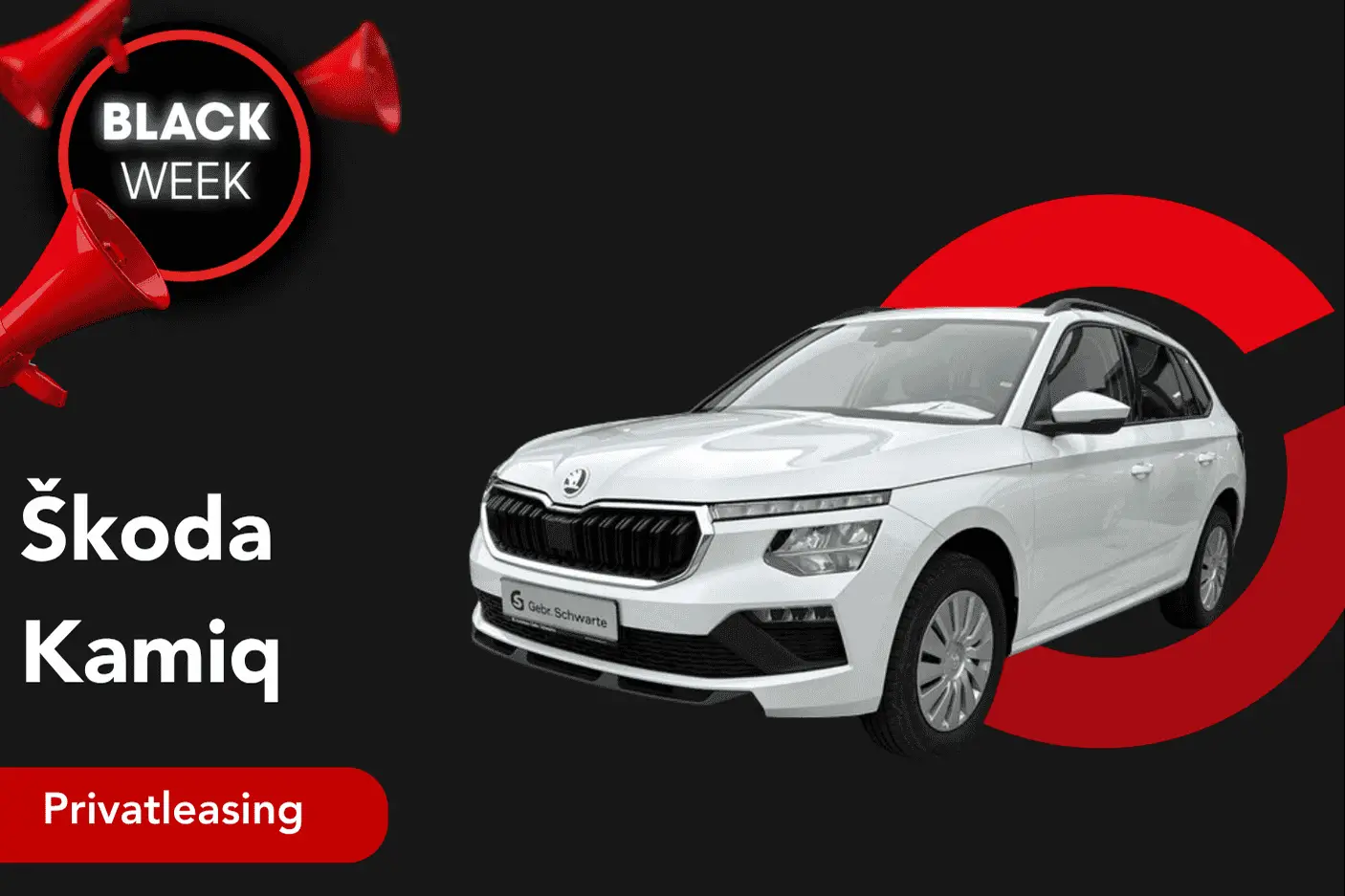 Angebotsbild zur Black Week mit einem Skoda Kamiq in Moon-Weiß Perleffekt
