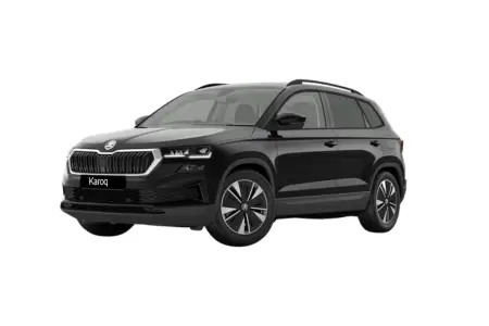 Frontansicht eines Karoq Balance in Black-Magic Perleffekt