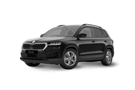 Frontansicht eines freigestellter Skoda Karoq in Black-Magic Perleffekt